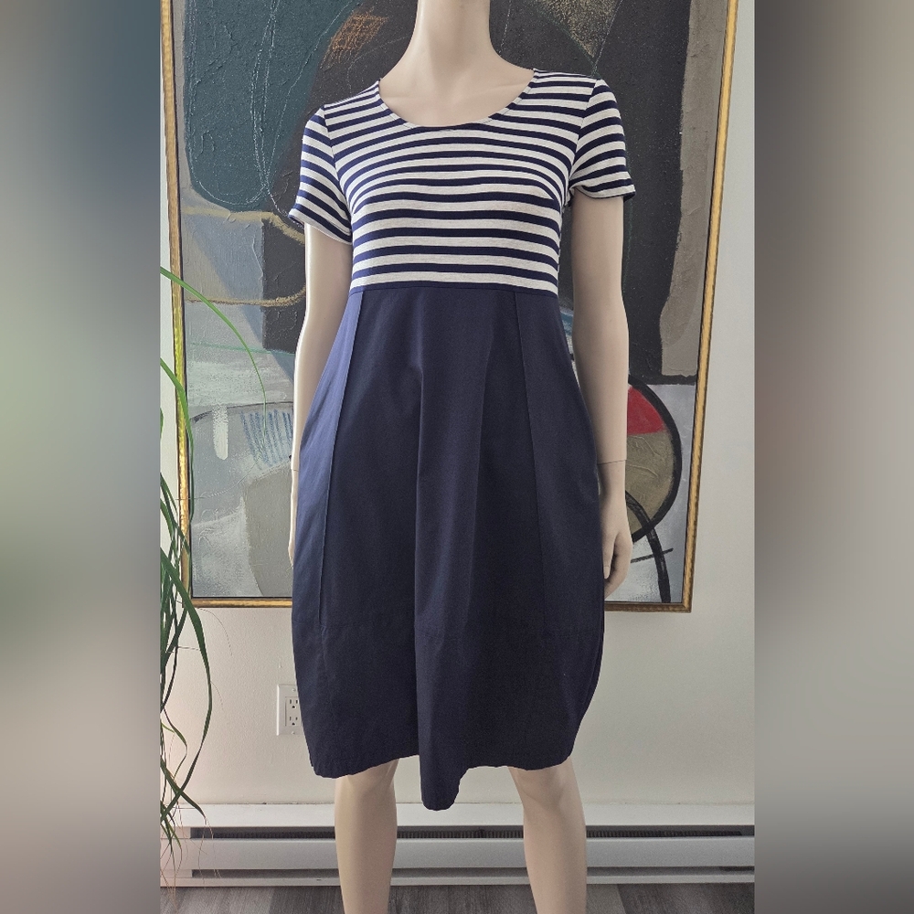 Peruzzi | Stripe and Solid Dress with Balloon Hem